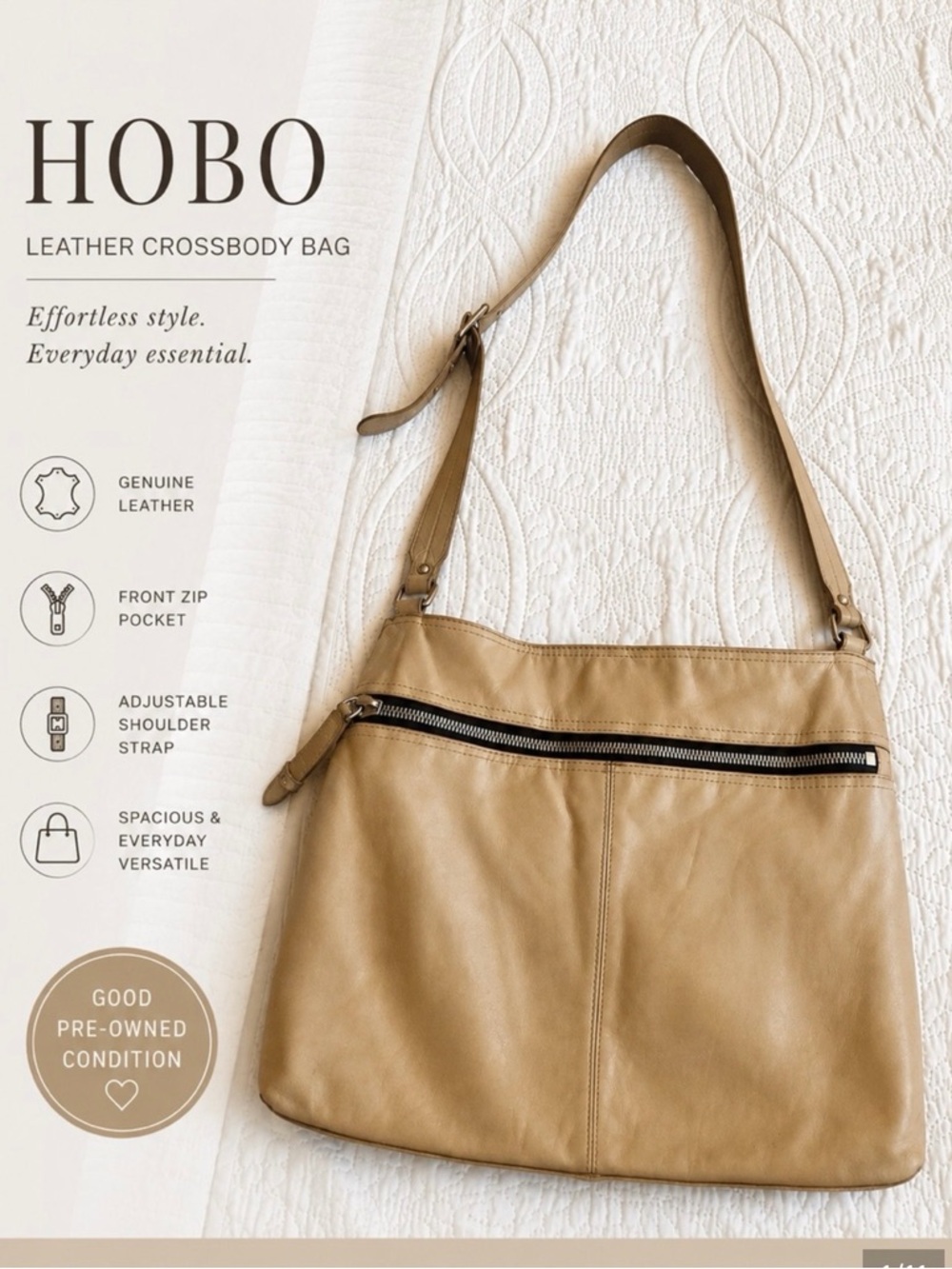 HOBO Tan Leather Shoulder Crossbody with Front Zip